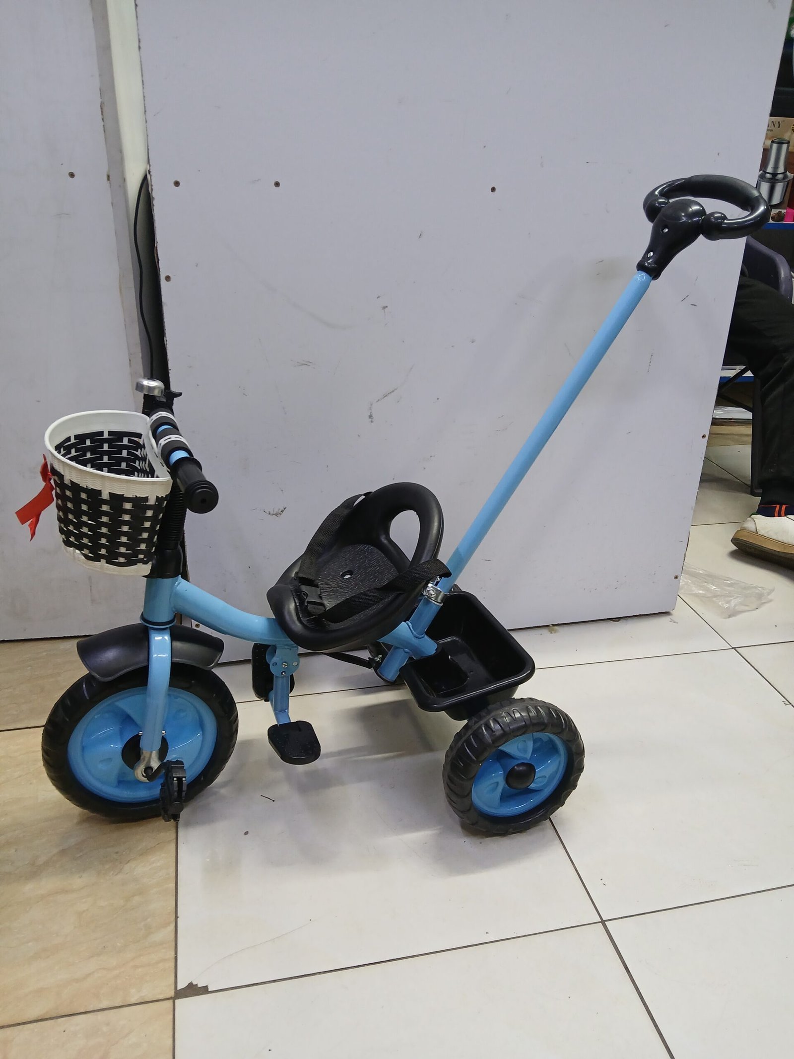 Tricycle with Push Handle and Basket – Blue Kids Trike